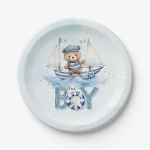 Cute Teddy Bear Nautical Boat Boy Baby Shower Paper Plate