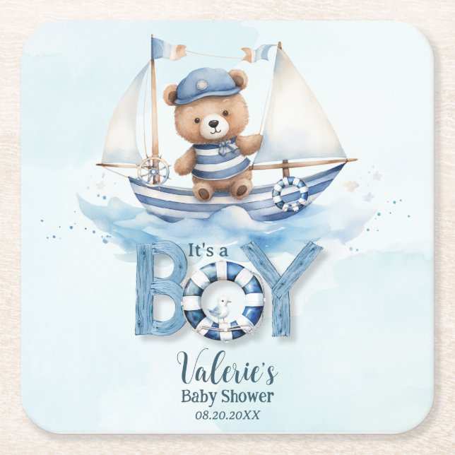 Cute Teddy Bear Nautical Boat Boy Baby Shower Square Paper Coaster (Front)