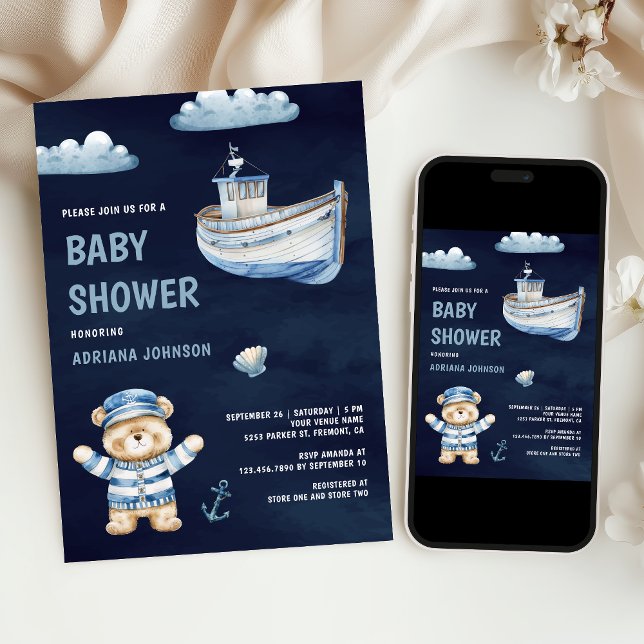 Cute Teddy Bear Nautical Boat Navy Baby Shower Invitation (Creator Uploaded)