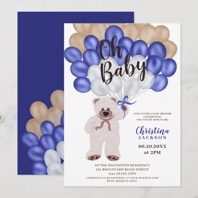 Cute teddy bear navy blue balloons boy baby shower invitation (Front/Back)