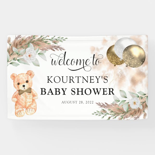 Cute Teddy Bear Neutral Baby Shower Welcome Banner (Horizontal)