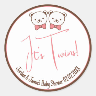 Cute Teddy Bear Nostalgic It's Twins Baby Shower Classic Round Sticker