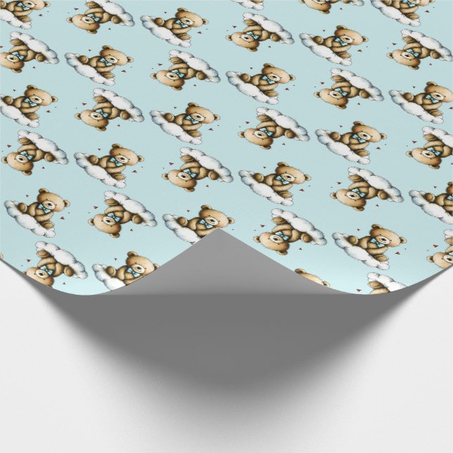 Cute Teddy Bear on a Cloud Blue Bow Tie Wrapping Paper (Corner)