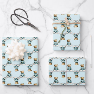Cute Teddy Bear on a Cloud Blue PJs Wrapping Paper Sheet