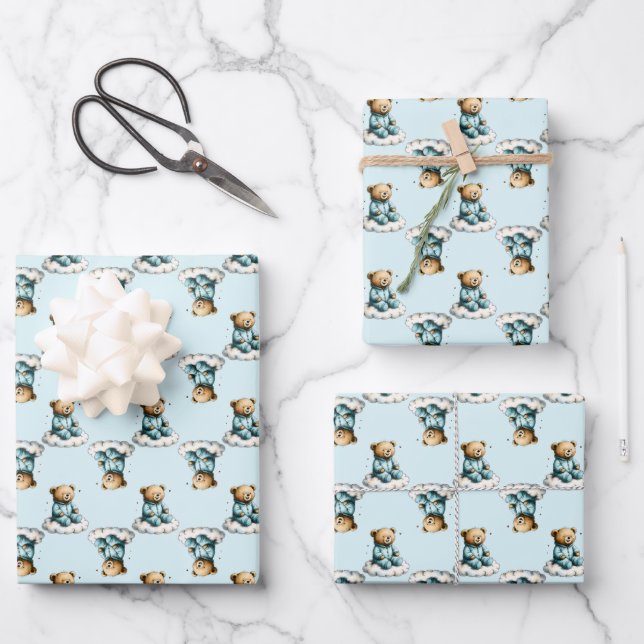 Cute Teddy Bear on a Cloud Blue PJs Wrapping Paper Sheet (Front)