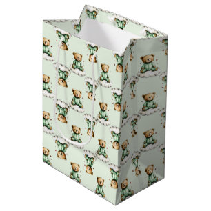 Cute Teddy Bear on a Cloud Green PJs Medium Gift Bag