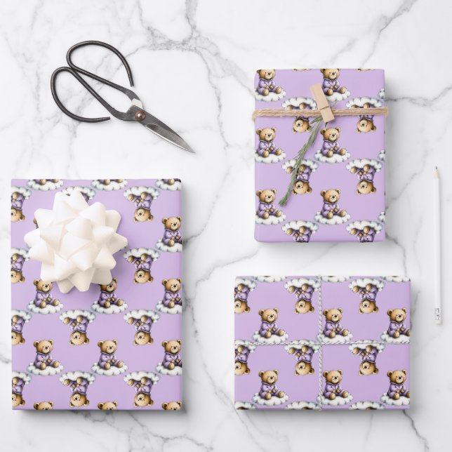 Cute Teddy Bear on a Cloud Purple PJs Wrapping Paper Sheet (Front)