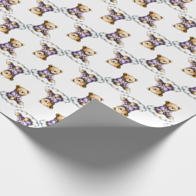 Cute Teddy Bear on a Fluffy Cloud Purple PJs Wrapping Paper (Corner)
