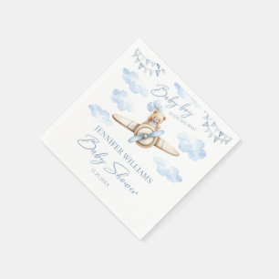 Cute Teddy Bear on Aeroplane Baby Boy Shower Paper Napkin