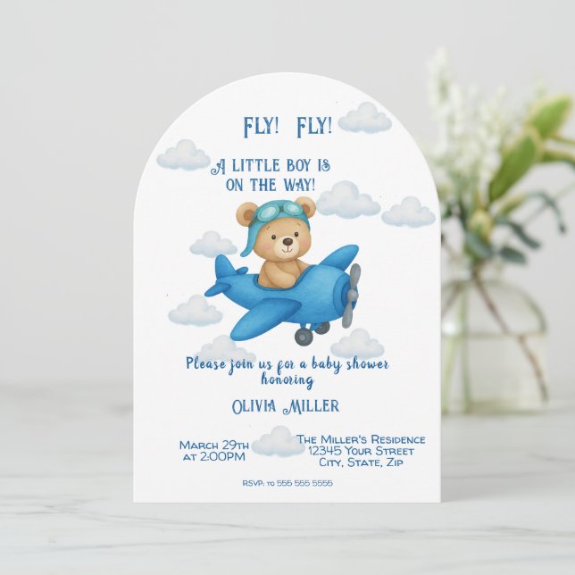 Cute Teddy Bear on Aeroplane Baby Shower Invitatio Invitation (Standing Front)