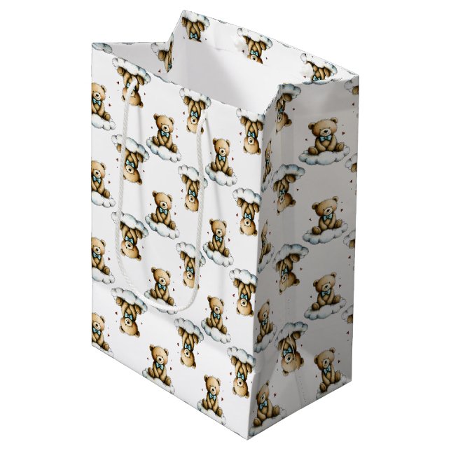 Cute Teddy Bear on Fluffy Cloud Blue Bow Tie Medium Gift Bag (Front Angled)