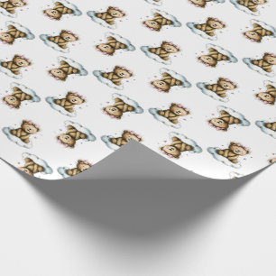 Cute Teddy Bear on Fluffy Cloud Pink Hair Bow Wrapping Paper