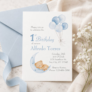 Cute Teddy Bear on Moon 1st Birthday Boy Watercolo Invitation