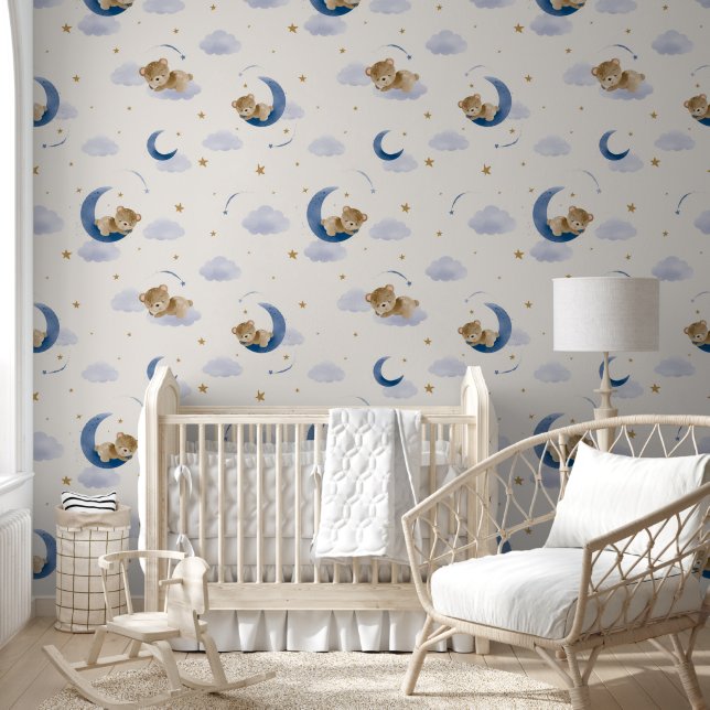 Cute Teddy Bear On Moon Soft Peach Nursery  Wallpaper (Kids)
