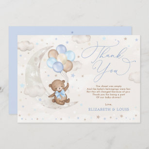 Cute Teddy Bear on Moon with Blue Brown Balloons Thank You Card