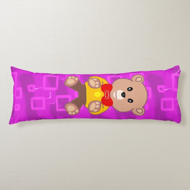 Cute Teddy Bear on Pink Geometric  Body Cushion (Front)
