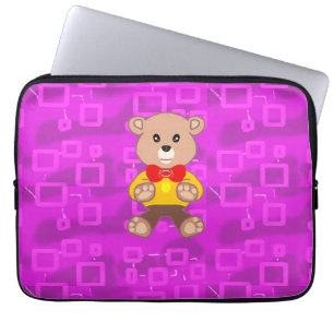 Cute Teddy Bear on Pink Geometric Laptop Sleeve