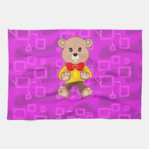 Cute Teddy Bear on Pink Geometric Tea Towel