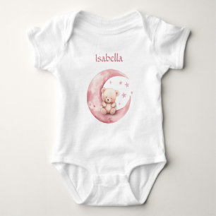 Cute Teddy Bear on Pink Moon Baby Bodysuit