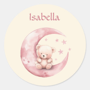 Cute Teddy Bear on Pink Moon Classic Round Sticker