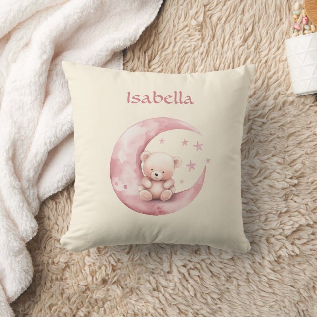 Cute Teddy Bear on Pink Moon Cushion (Blanket)