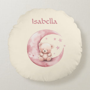 Cute Teddy Bear on Pink Moon Round Cushion