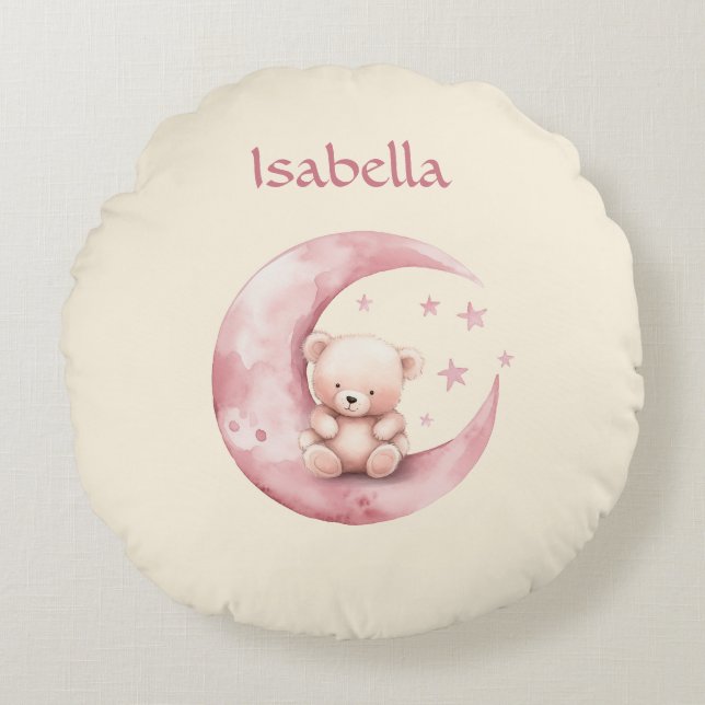Cute Teddy Bear on Pink Moon Round Cushion (Front)