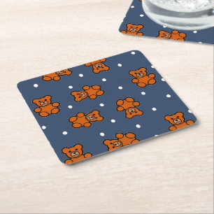Cute teddy bear on polka dot square paper coaster