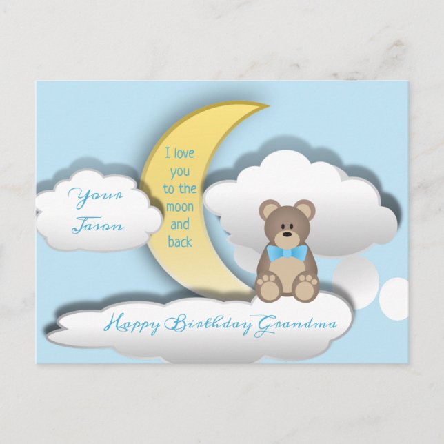 Cute Teddy Bear on the Moon Birthday Postcard (Front)