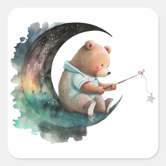Cute Teddy Bear on the Moon, Plush Cartoon Bear Square Sticker (Front)