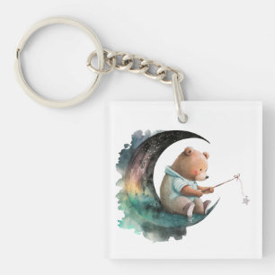 Cute Teddy Bear on the Moon, Plush Cartoon Bear T- Key Ring