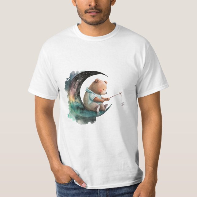Cute Teddy Bear on the Moon, Plush Cartoon Bear T-Shirt (Front)