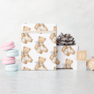 Cute Teddy Bear Overalls Baby Shower Wrapping Paper