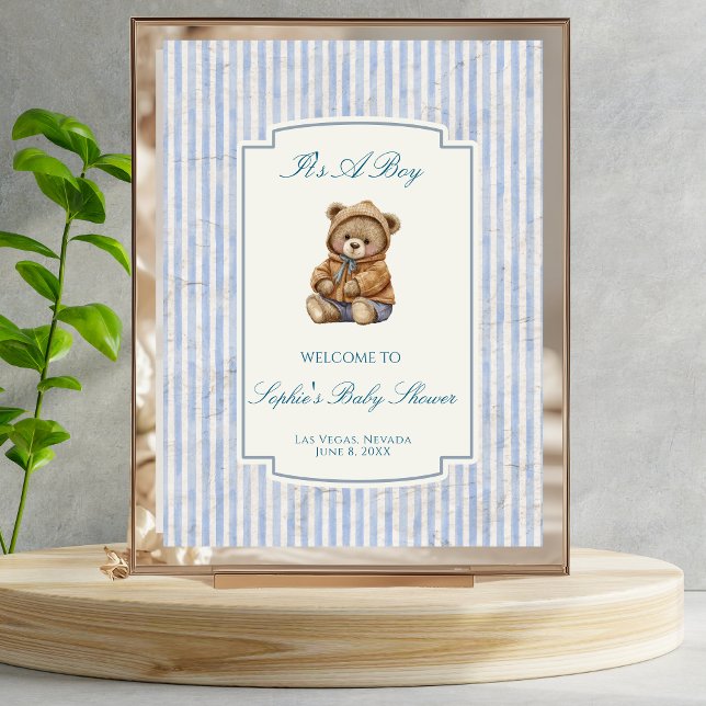 Cute Teddy Bear, Pastel Blue Stripes Welcome Sign (Creator Uploaded)