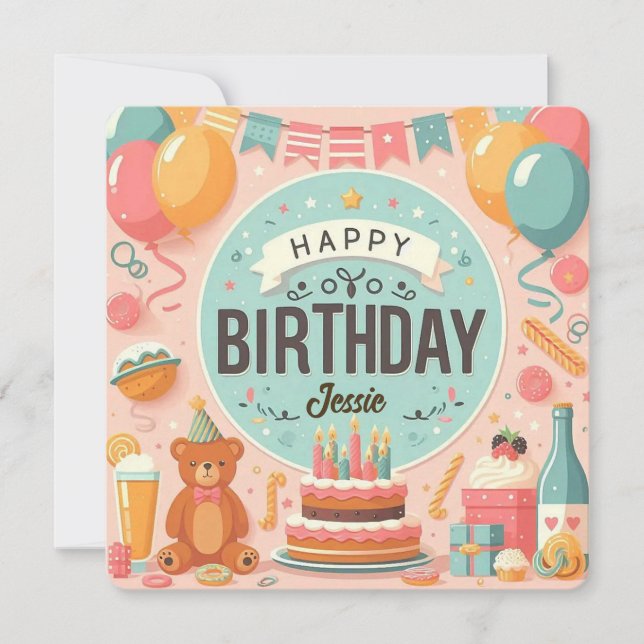 Cute Teddy Bear Pastel Pink Happy Birthday Invitation (Front)