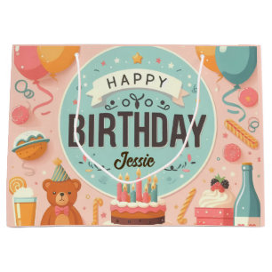 Cute Teddy Bear Pastel Pink Happy Birthday Large Gift Bag