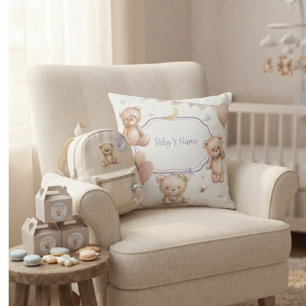 Cute Teddy Bear Pastel Purple Stars Balloons Baby Cushion