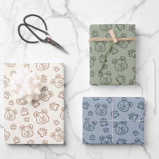 Cute Teddy Bear Paws Modern Boho Boy Baby Kids Wrapping Paper Sheet (Front)