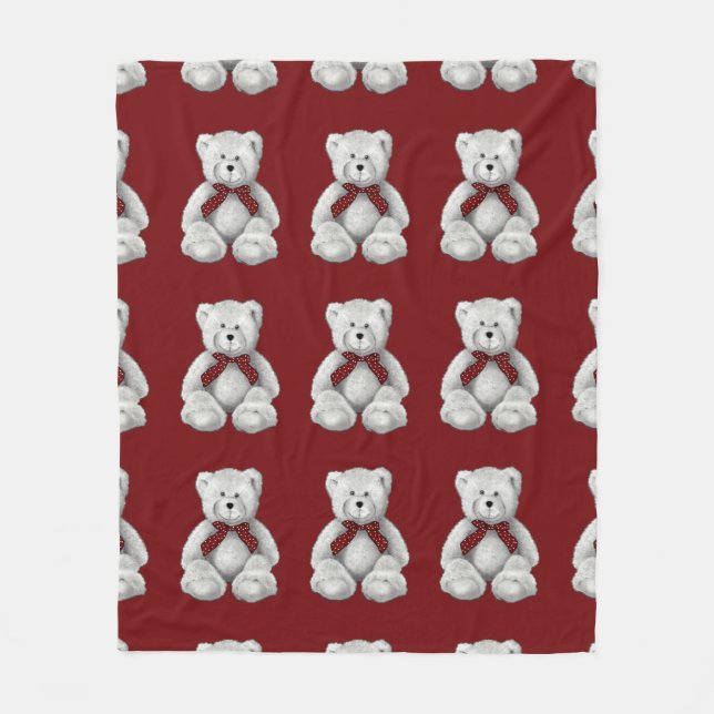 Cute Teddy Bear, Pencil Drawing, Polka Dots Fleece Blanket (Front)