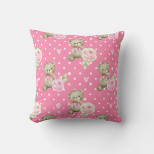 Cute Teddy Bear & Peony Floral Pink Pattern Cushion