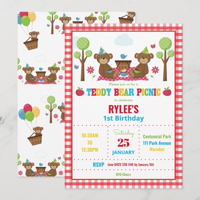 Cute Teddy Bear Picnic 1st Birthday Party Boy Girl Invitation (Front/Back)