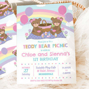 Cute Teddy Bear Picnic Birthday Girls Twins  Invitation