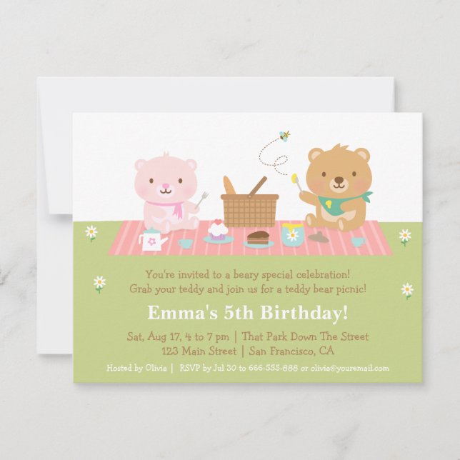 Cute Teddy Bear Picnic Birthday Party Invitations (Front)