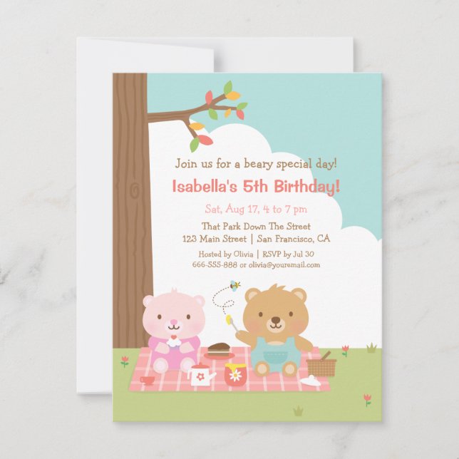 Cute Teddy Bear Picnic Outdoor Kids Birthday Party Invitation (Front)