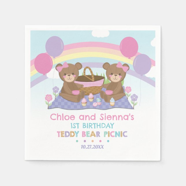 Cute Teddy Bear Picnic Rainbow Twins Girl Birthday Napkin (Front)