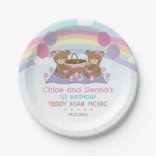 Cute Teddy Bear Picnic Rainbow Twins Girl Birthday Paper Plate