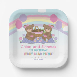 Cute Teddy Bear Picnic Rainbow Twins Girl Birthday Paper Plate
