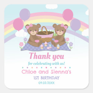 Cute Teddy Bear Picnic Rainbow Twins Girl Birthday Square Sticker