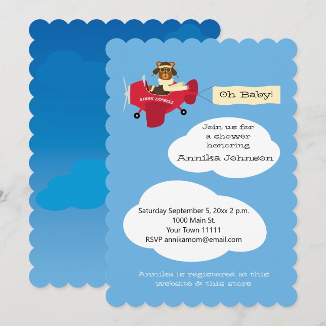 Cute Teddy Bear Pilot Aeroplane Gender Neutral Invitation (Front/Back)