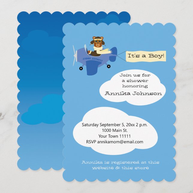 Cute Teddy Bear Pilot Aeroplane It's a Boy Invitation (Front/Back)